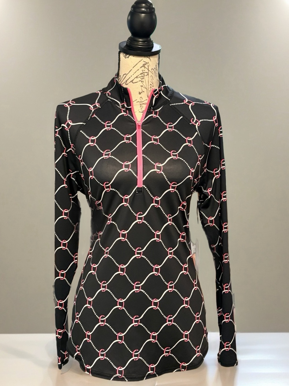 NWT Jofit Long Sleeve 1/4 Zip Golf Sun Top Black Pink Chain Link Print Sz M